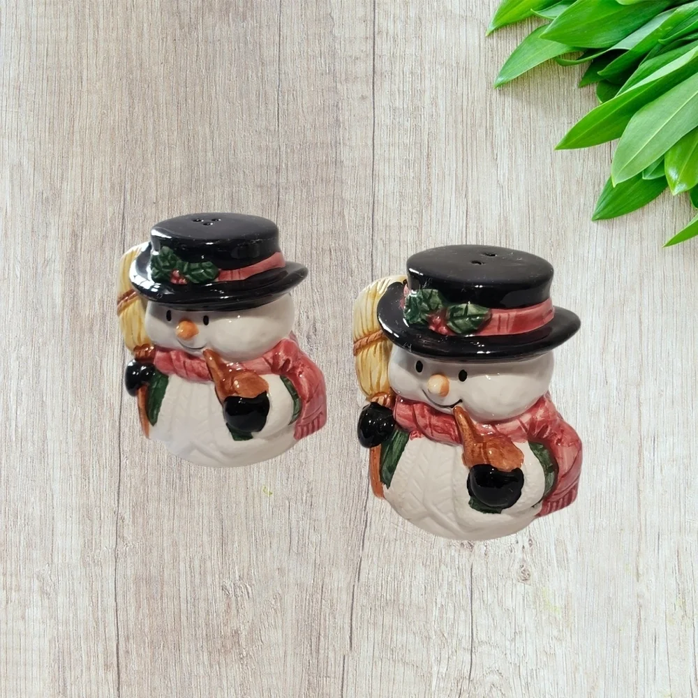 Vintage christmas holiday snowmen with broom salt & pepper shakers 